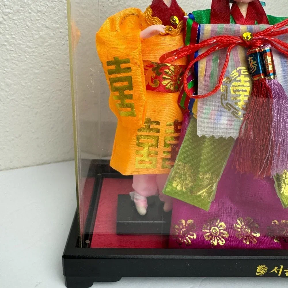 Vintage Korean Native Dolls Vibrant Colors in Plastic Display Case Made in Korea